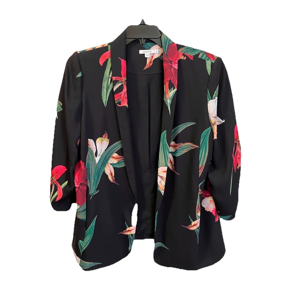 Chico's Open Blazer Ruched Sleeve Black Floral Tropical Leaf Print Size 2 US 12